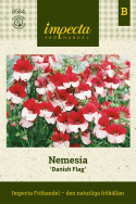Nemesia 'Danish Flag', zwarte krzewy, kwiaty wargowe, dwukolorowe w czerwieni i bieli.
