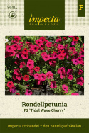 Rondellpetunia F1 'Tidal Wave Cherry', kwiaty w kolorze wiśniowym z ciemnym gardzielą.