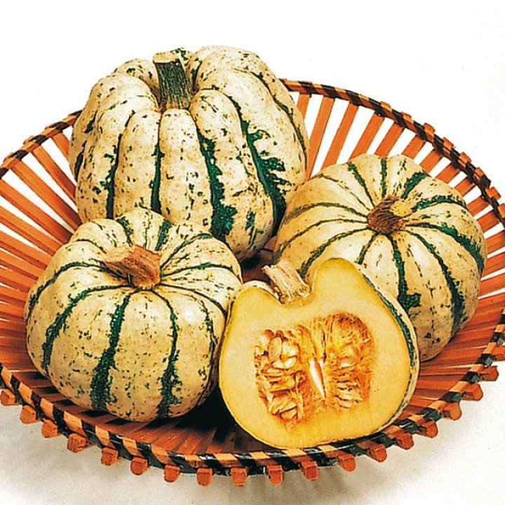 Dynia piaskowa 'Sweet Dumpling' kremowobiała z ciemnozielonymi żebrami. Miąższ maślanożółty