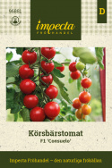 Pomidor koktajlowy F1 'Consuelo', kiście z 25-30 jednolicie okrągłych, jasno czerwonych, większych pomidorków koktajlowych o wadze około 20 gram.