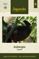 Bakłażan 'Laura', duże, okrągłe, błyszczące owoce od fioletowych do czarnych o wadze około 400 gramów.